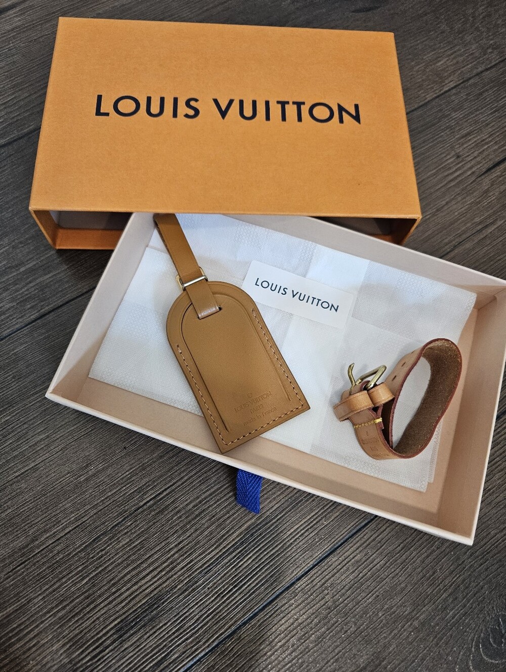 Louis Vuitton Vachetta Leather Luggage Tag + Handle Keeper Set w/ Box Vintage
